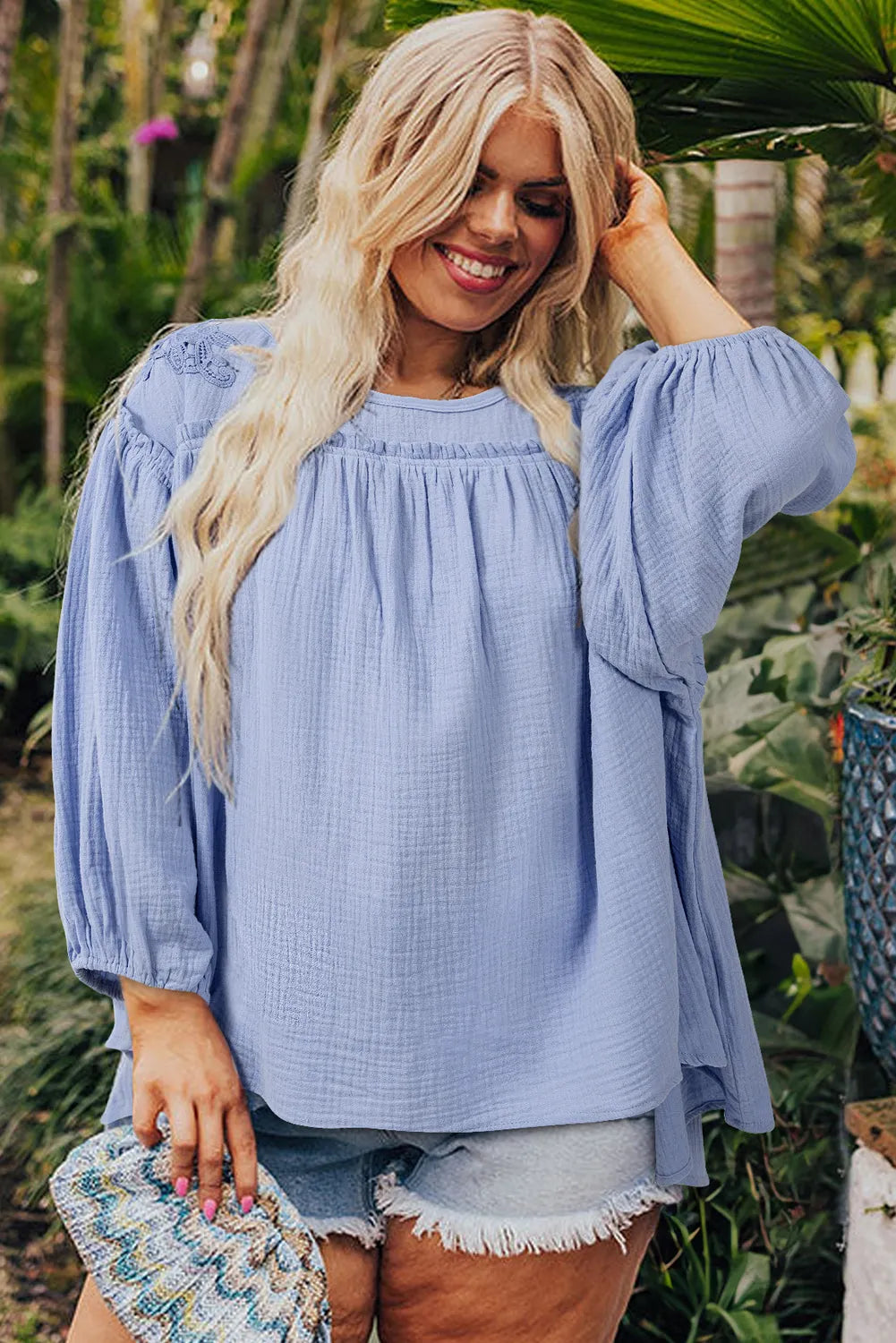 Beau Blue Plus Size Crochet Bracelet Sleeve Babydoll Blouse - Chic Meadow Boutique 