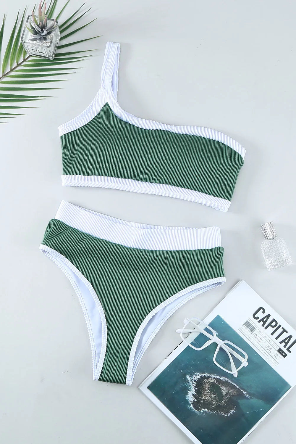 Green One Shoulder Patchwork High-waisted Bikini Set - Chic Meadow Boutique 