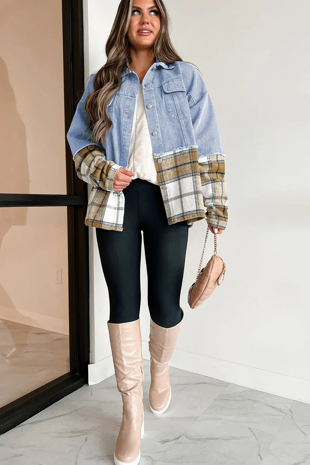 Khaki Plaid Patchwork Buttoned Oversized Denim Jacket - Chic Meadow Boutique 