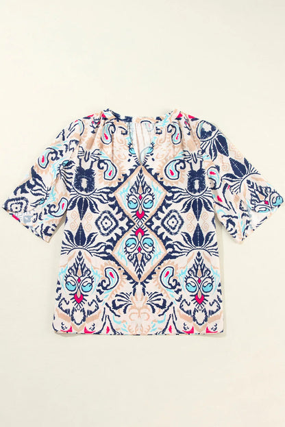 White Abstract Printed Notched V Neck Split Half Sleeve Blouse - Chic Meadow Boutique 