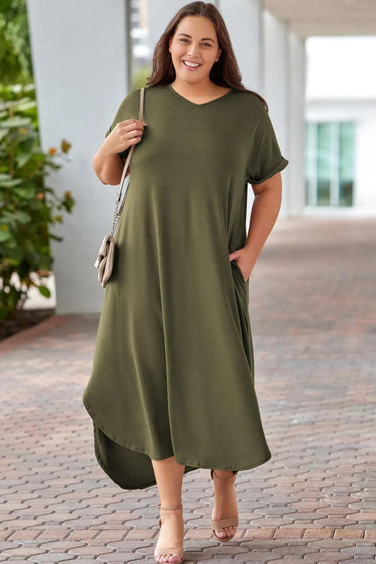 Plus Size/Plus Size Dresses/Plus Size Maxi Dresses Green / 1X / 65%Polyester+30%Viscose+5%Elastane Green Plus Size V Neck Rolled Cuffs Maxi Dress