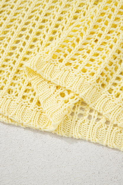 Yellow Cream Hollow-out Crochet Side Tied Short Sleeve Sweater