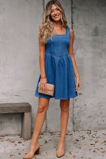Sail Blue Square Neck Bowknot A-line Sleeveless Denim Dress