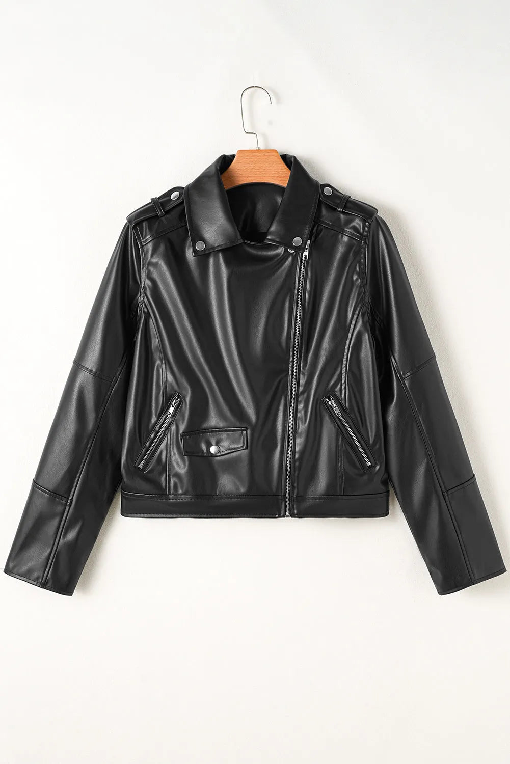 Black PU Leather Lapel Collar Zipper Jacket - Chic Meadow Boutique 