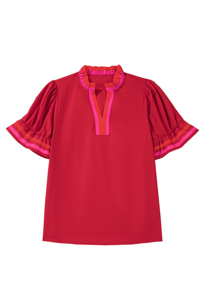 Fiery Red Striped Frilled Collar Ruffled Short Sleeve Blouse