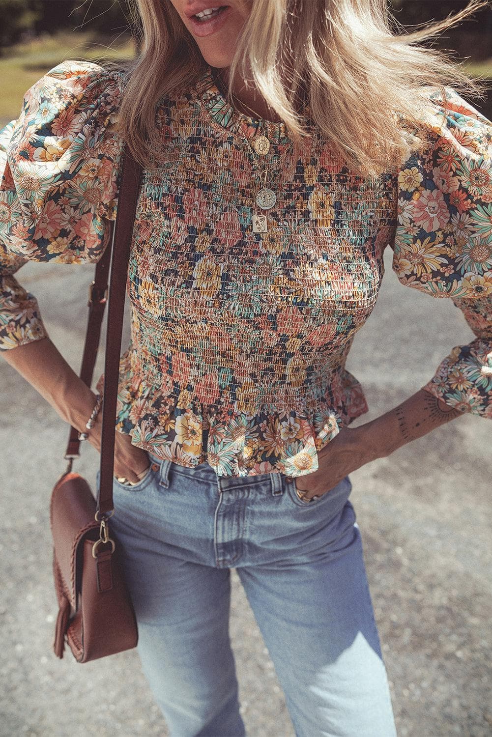 Tops/Blouses & Shirts Yellow Floral Print Smocked Bubble Sleeve Ruffled Crop Top