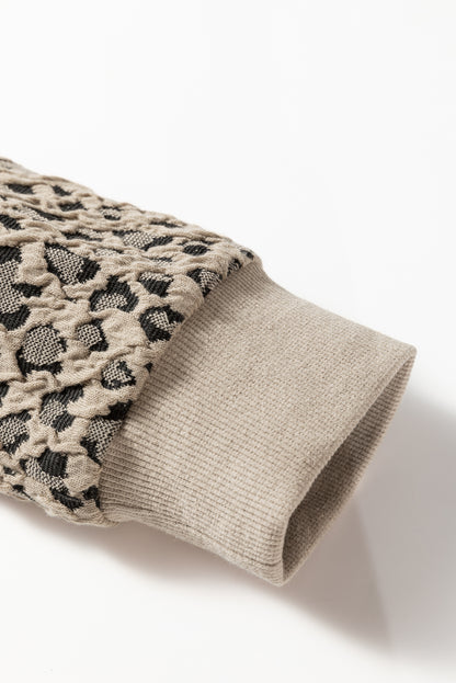 Khaki Ribbed Trim Leopard Print Long Sleeve Top