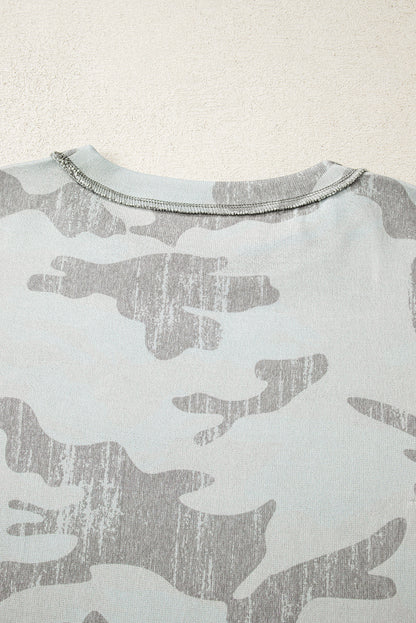 Multicolour Retro Camouflage Print Exposed Seam Patchwork Drop Shoulder Sweatshirt