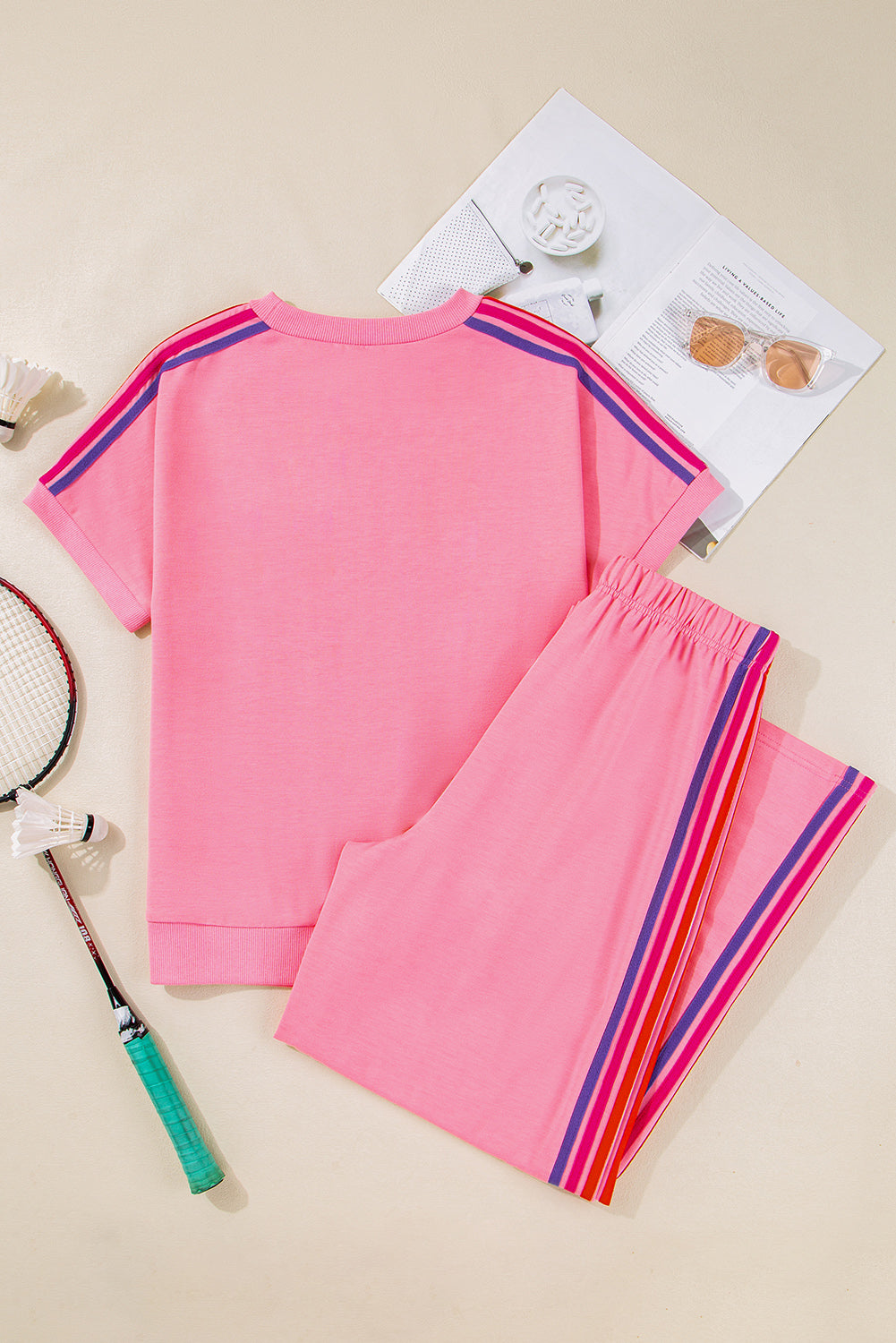 Bonbon Color Contrast Crewneck T Shirt and Wide Leg High Waist Pants Set