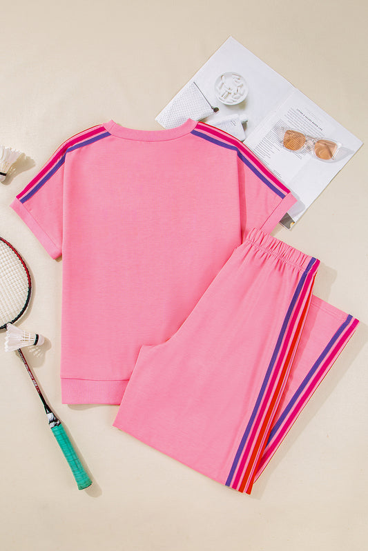 Bonbon Color Contrast Crewneck T Shirt and Wide Leg High Waist Pants Set