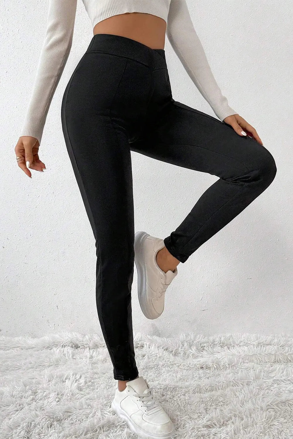 Black Crossed Waist Seamed Leg Thermal Leggings - Chic Meadow Boutique 