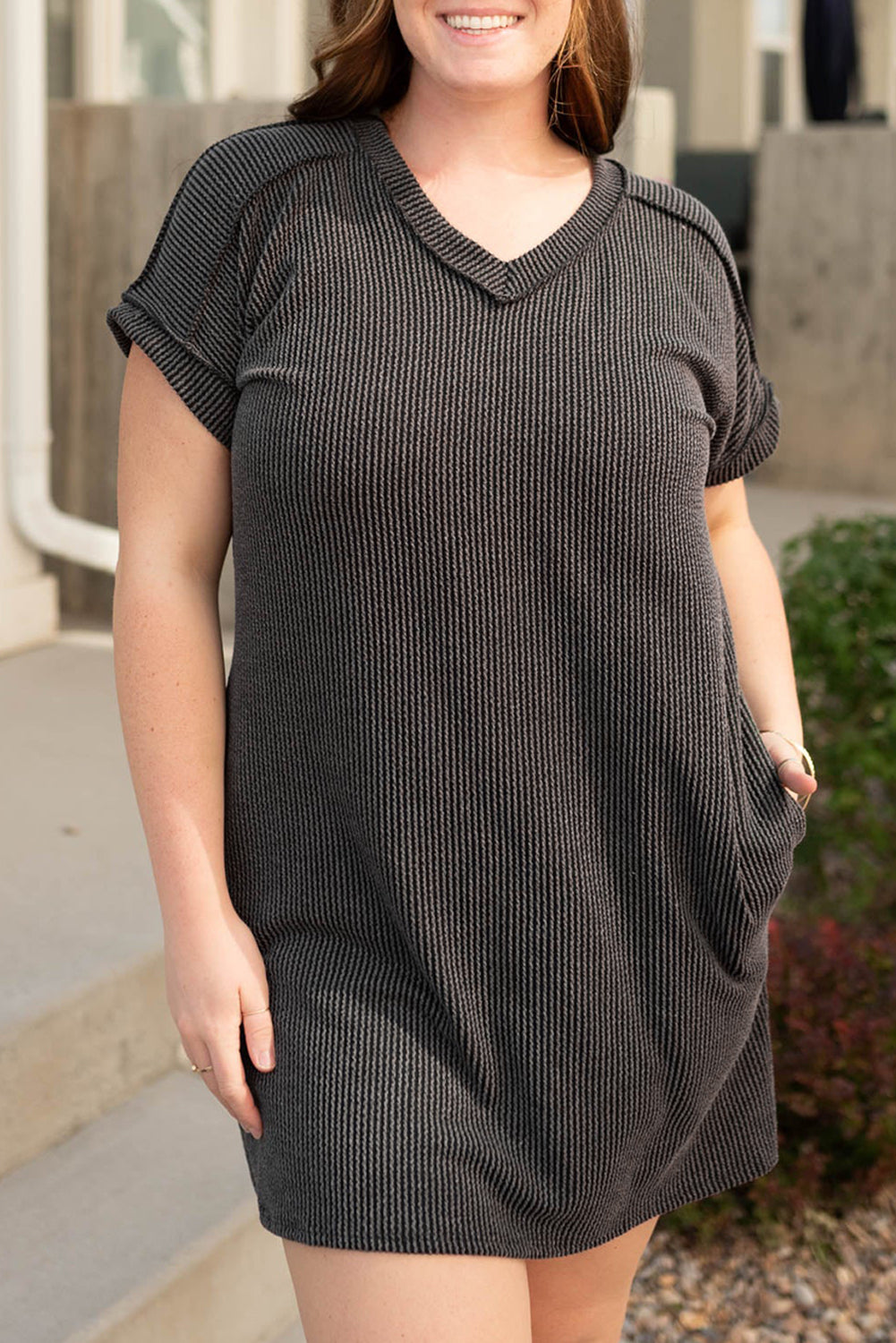 Carbon Grey Corded V Neck Plus Size T Shirt Dress with Pockets