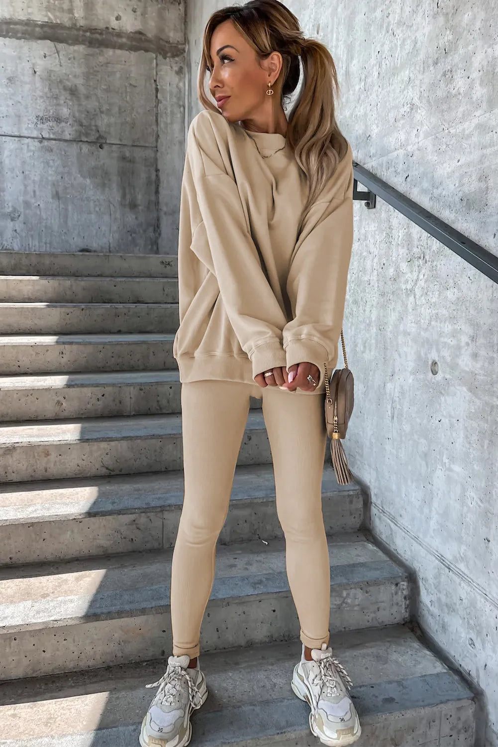 Beige Solid Sweatshirt and Leggings Two Piece Set - Chic Meadow Boutique 