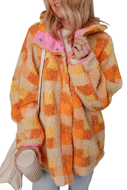 Orange Checkered Sherpa Hooded Jacket - Chic Meadow Boutique 