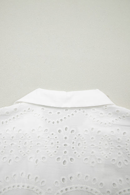 White Solid Color Eyelet Embroidered T Shirt Mini Dress