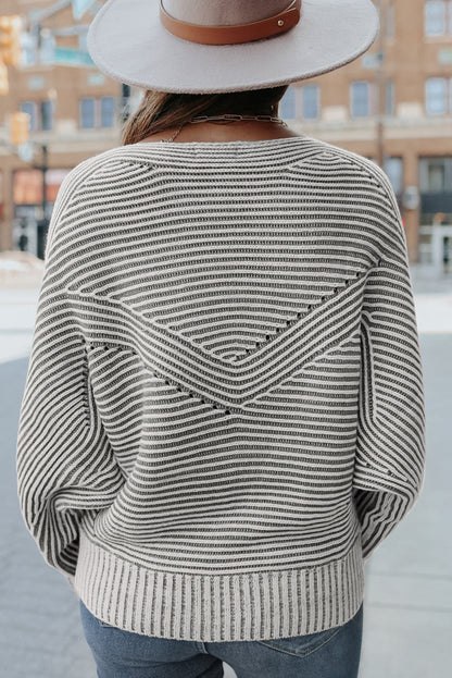 Medium Grey Striped Print Ribbed Knit Boat Neck Baggy Sweater