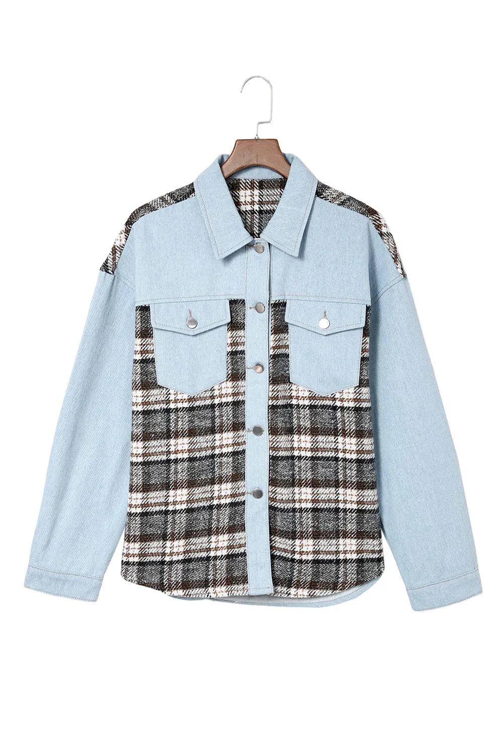 Sky Blue Plaid Patchwork Raw Hem Denim Jacket - Chic Meadow Boutique 