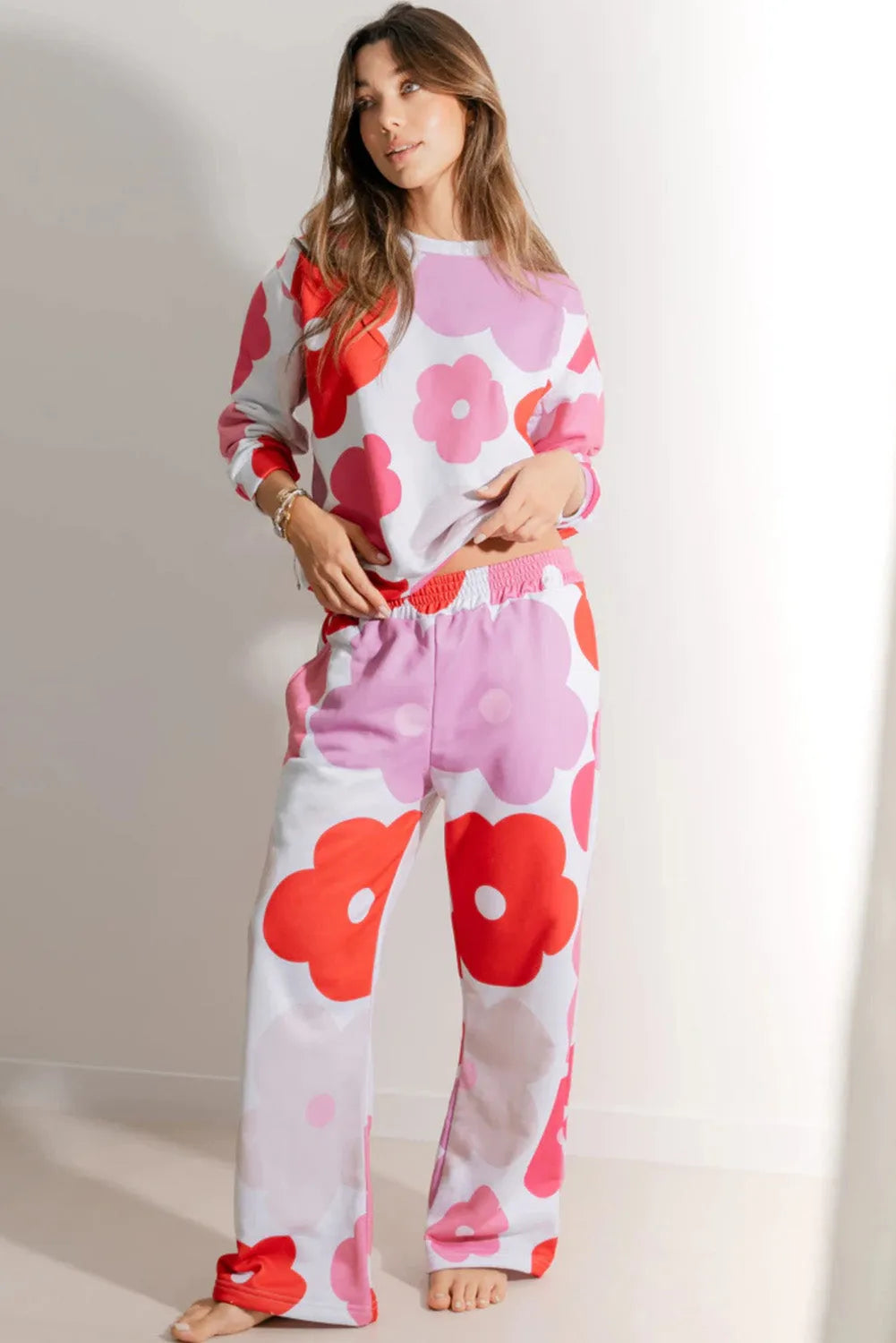 White Floral Print Pullover Top Sweatpants Lounge Set - Chic Meadow Boutique 