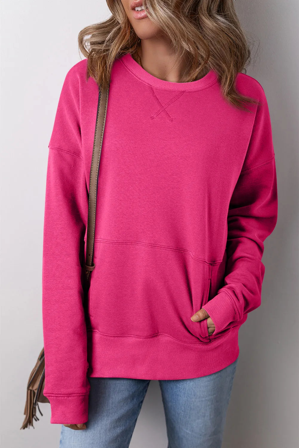 Rose Red Drop Shoulder Crisscross Stitching Pocketed Loose Sweatshirt - Chic Meadow Boutique 