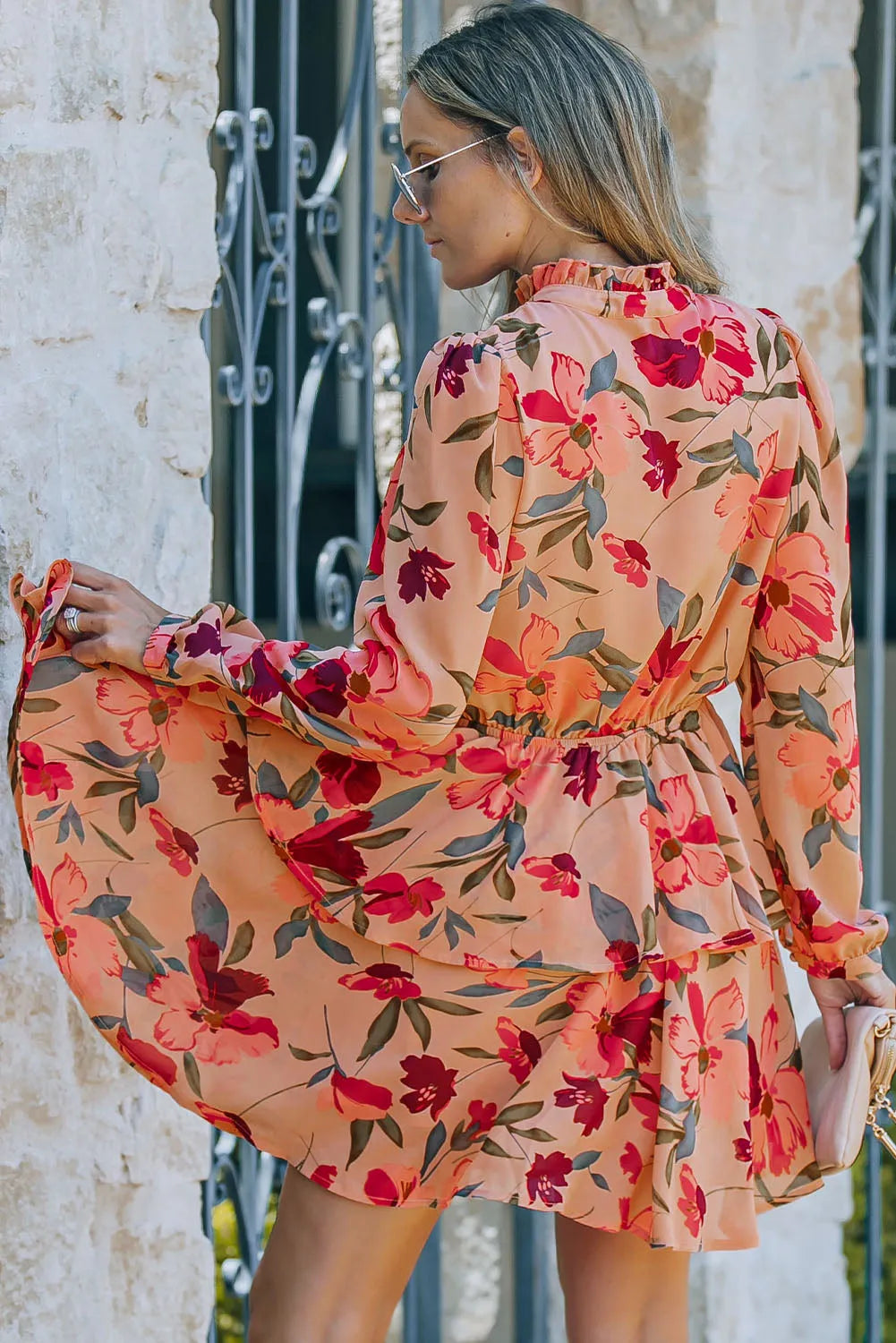 Fiery Red Frilled Collar Long Sleeve Floral Dress with Ruffle - Chic Meadow Boutique 