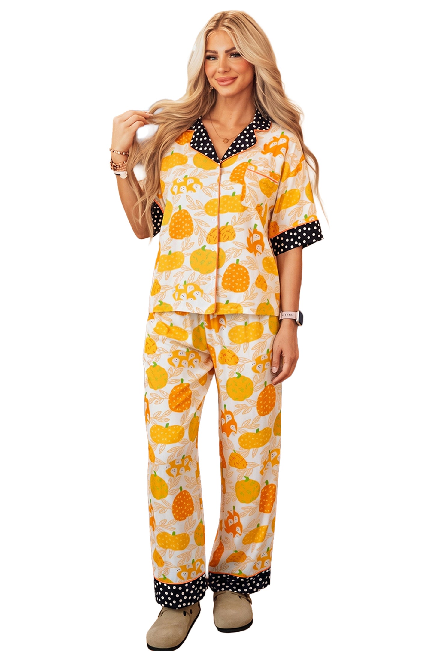 Orange Short Sleeve Pumpkin Print Polka Dot Trim Pocket Pocket Placket Home Wear Lounge Set