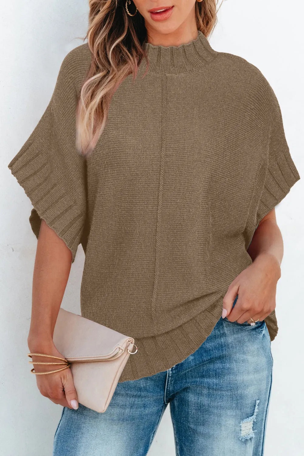 Desert Palm Mock Neck Batwing Short Sleeve Knit Sweater - Chic Meadow Boutique 