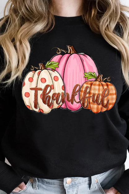 Black Pumpkin Thankful Drop Shoulder Thanksgiving Pullover Sweatshirt - Chic Meadow Boutique 