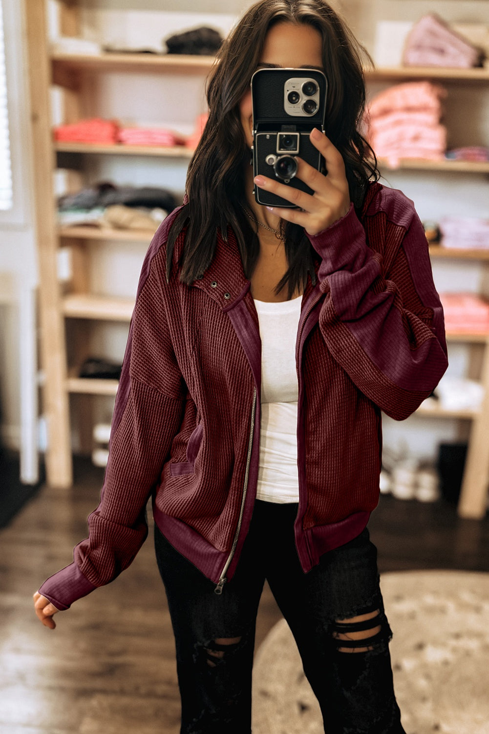 Burgundy Waffle Splicing Zip Up Front Button Hooded Jacket