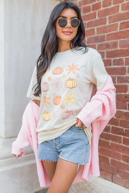 White Floral Pumpkin Graphic Crewneck Halloween T Shirt - Chic Meadow Boutique 