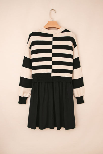 Black Stripe Two in One Knitted Top High Waist Splicing Hem Sweater Dress