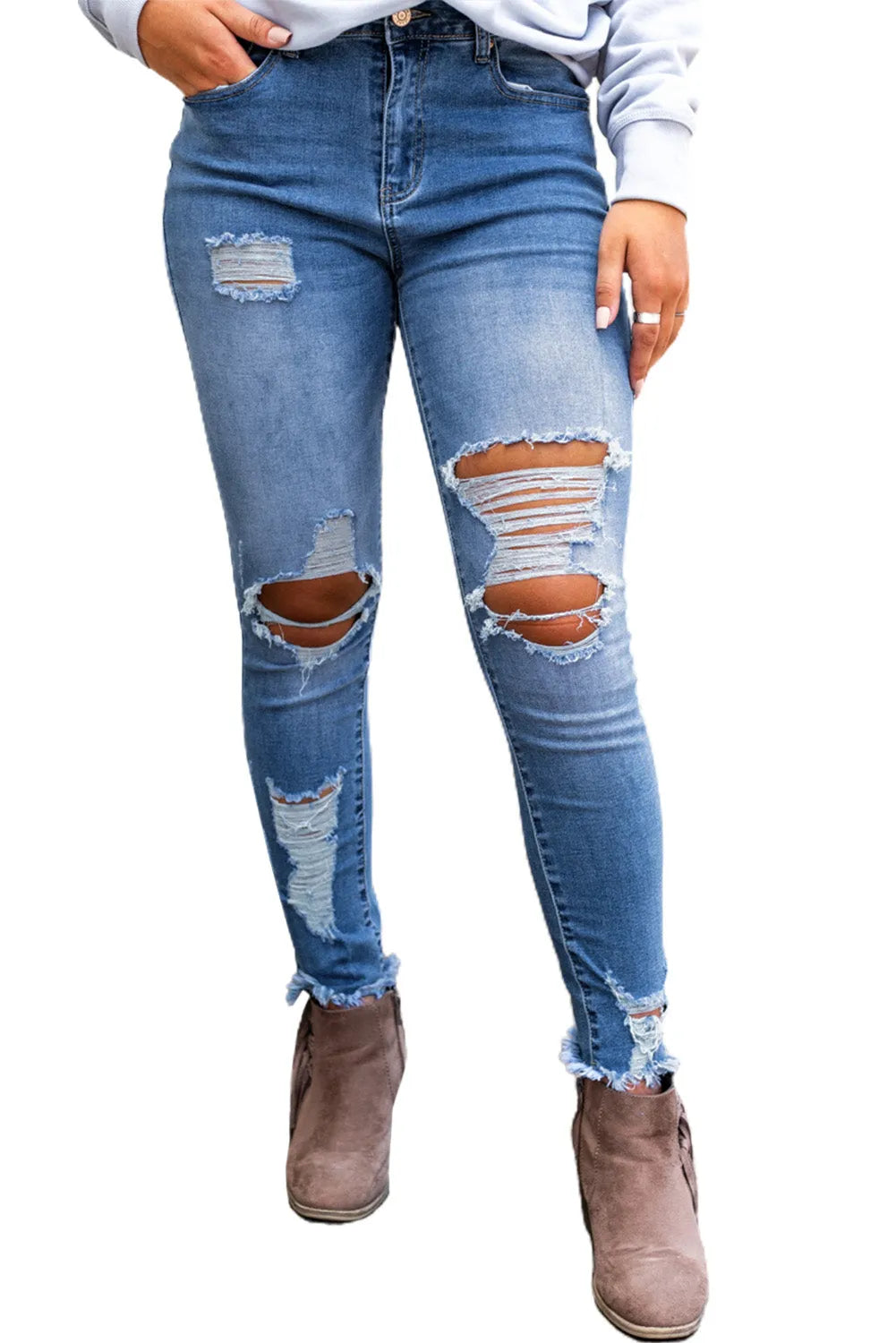 Sky Blue High Waist Distressed Skinny Jeans - Chic Meadow Boutique 