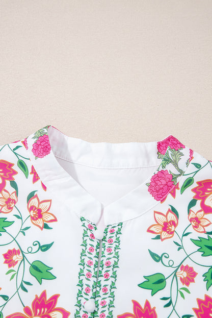 White Floral Print Half Button Mandarin Neck 3/4 Sleeve Maxi Dress