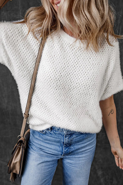 White Fuzzy Eyelet Knitted Sweater T-shirt - Chic Meadow Boutique 