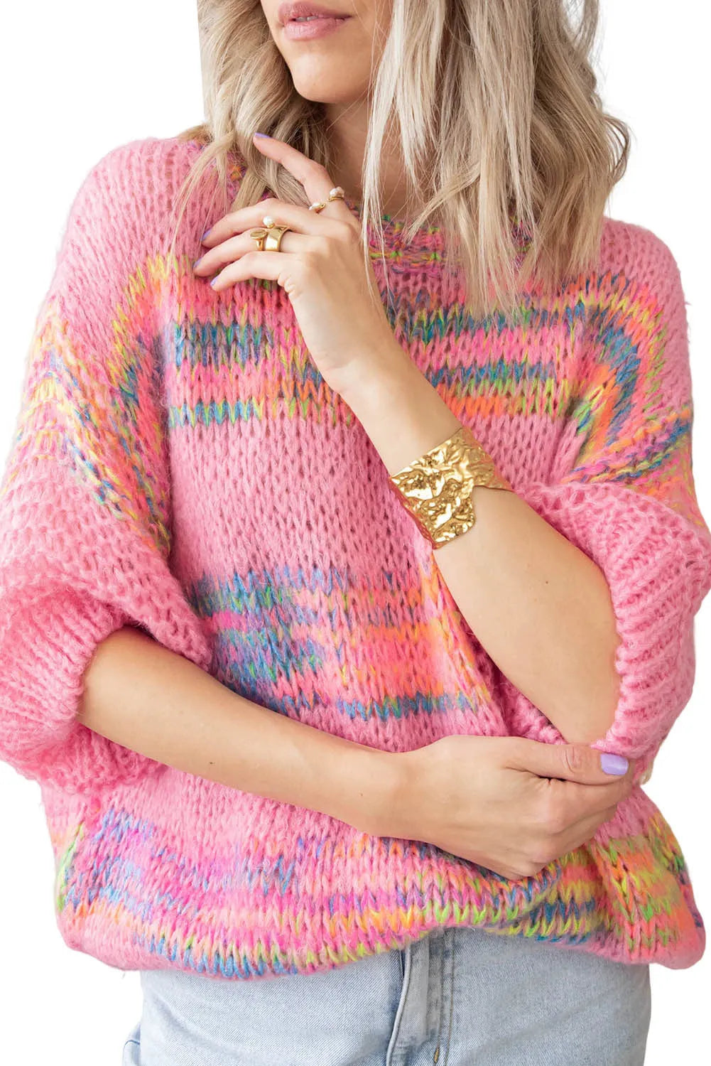 Rose Colorful Stripes 3/4 Sleeve Loose Sweater - Chic Meadow Boutique 