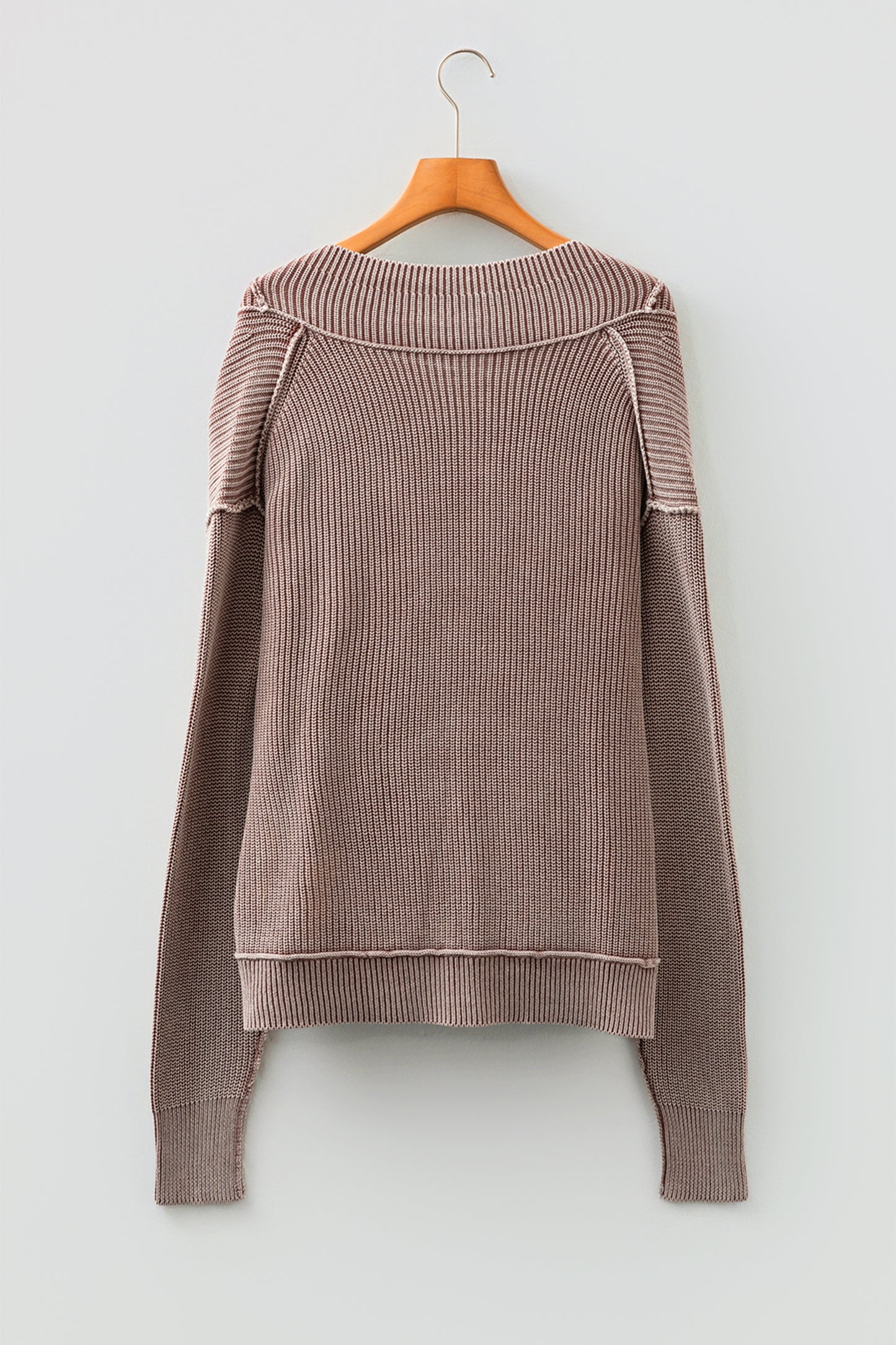 Chestnut Mineral Wash Exposed Seam Patchwork Knit Open Sweater Cardigan