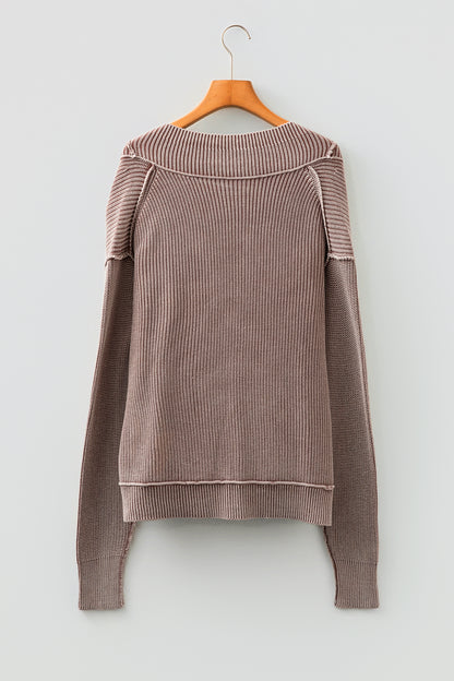 Chestnut Mineral Wash Exposed Seam Patchwork Knit Open Sweater Cardigan