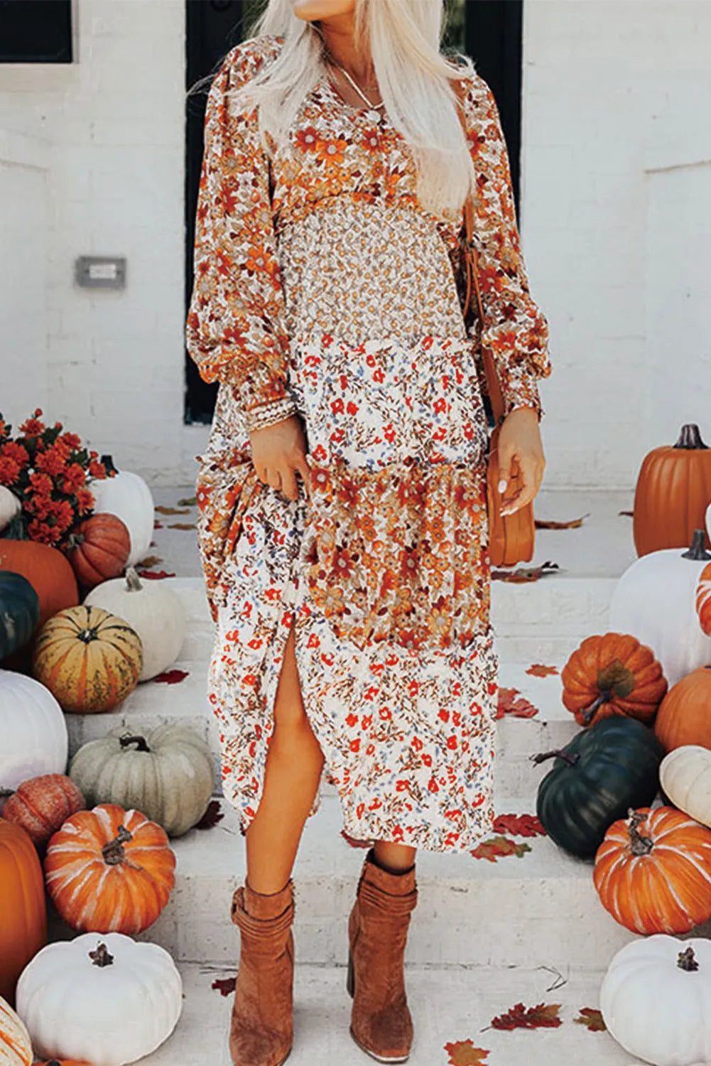 Khaki Floral Print Ruffled Tiered Long Sleeve V Neck Midi Dress - Chic Meadow Boutique 