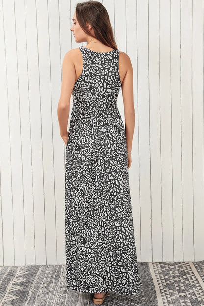 Gray Leopard Print Pocketed Sleeveless Maxi Dress - Chic Meadow Boutique 