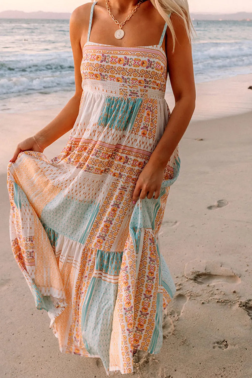 Multicolor Boho Patchwork Print Square Neck Sundress - Chic Meadow Boutique 