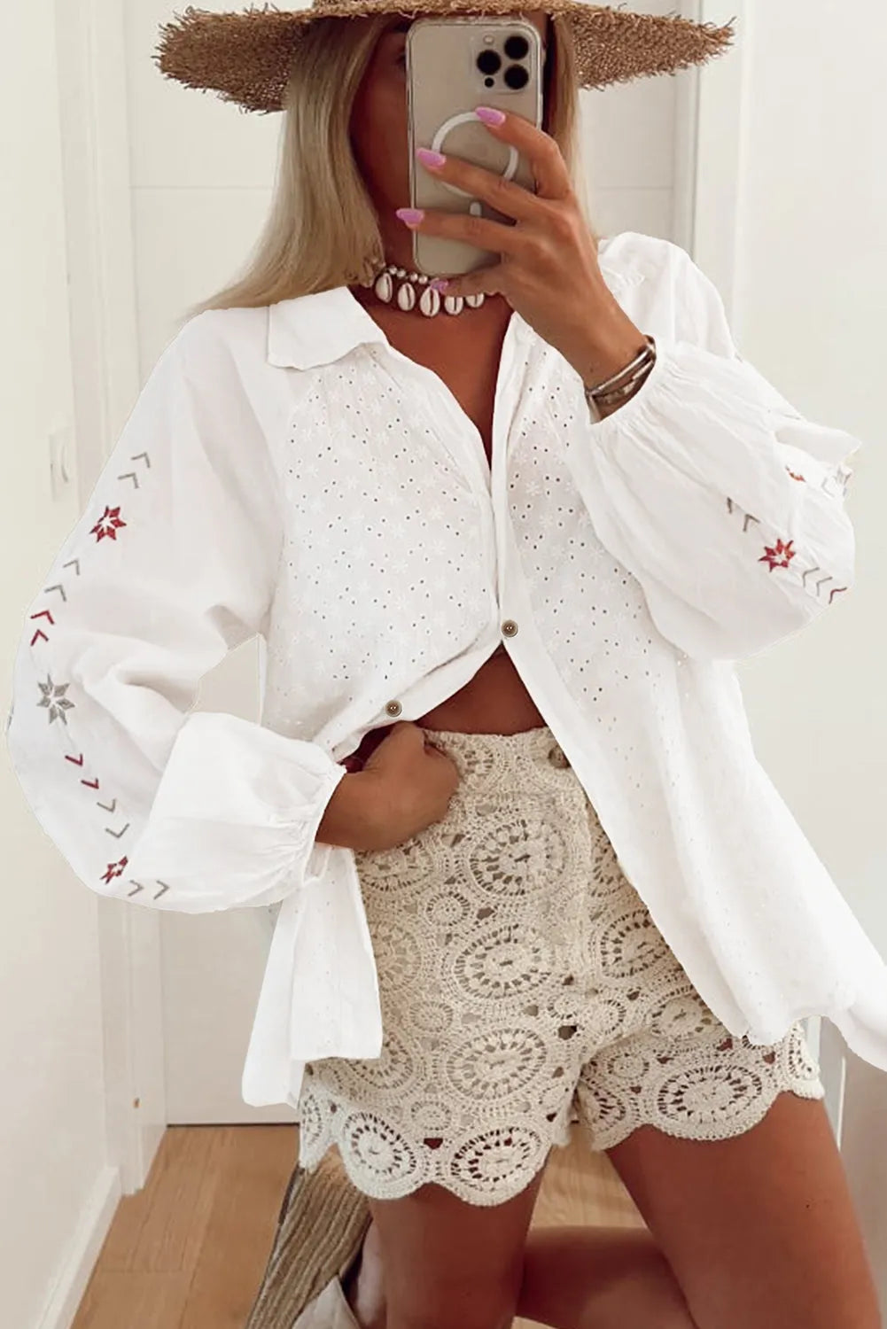 White Floral Embroidered Puff Sleeve Eyelet Patchwork Shirt - Chic Meadow Boutique 