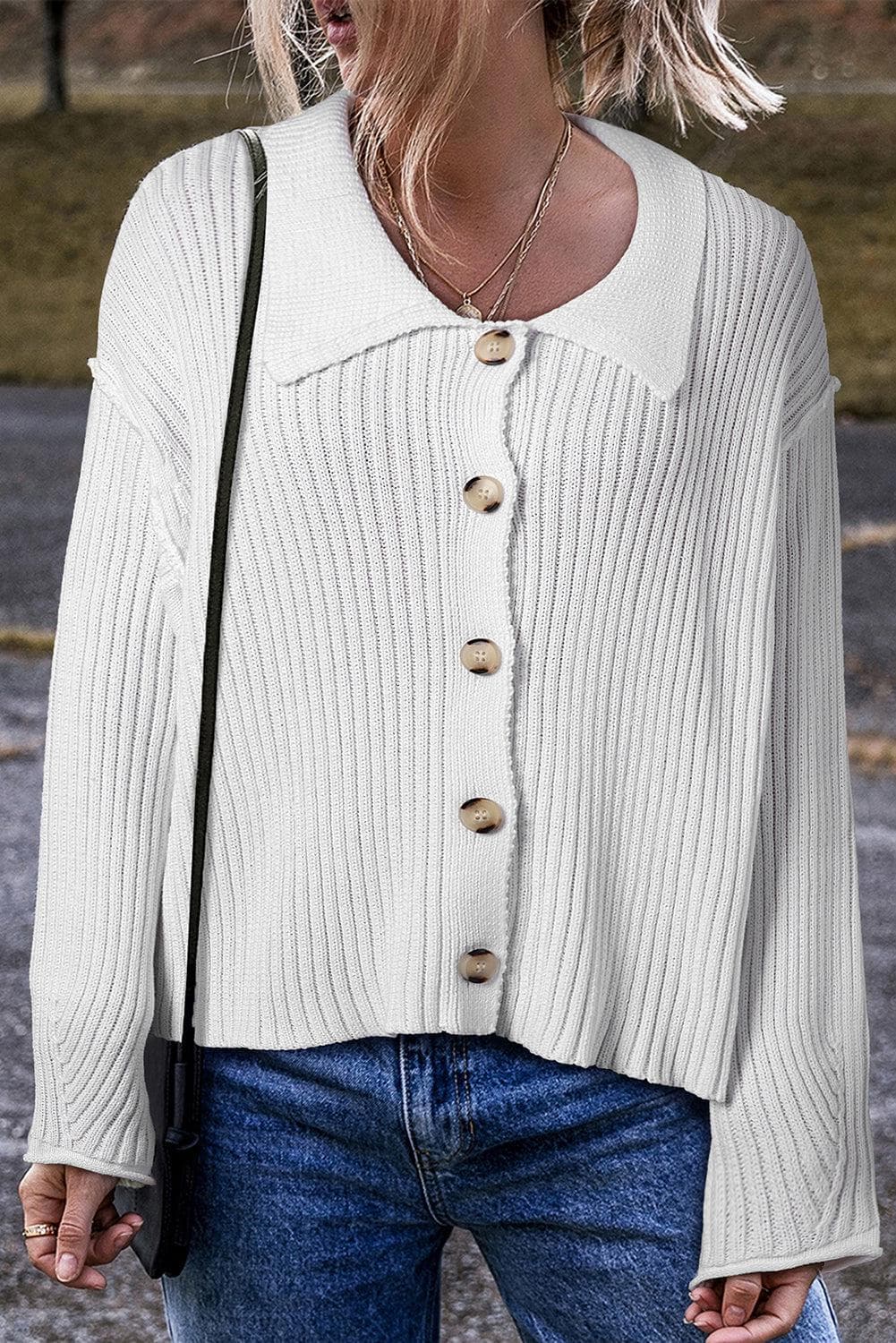 Sweaters & Cardigans/Cardigans White Collared Button-up Loose Fit Casual Sweater