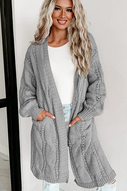 Gray Ribbed Trim Eyelet Cable Knit Cardigan - Chic Meadow Boutique 