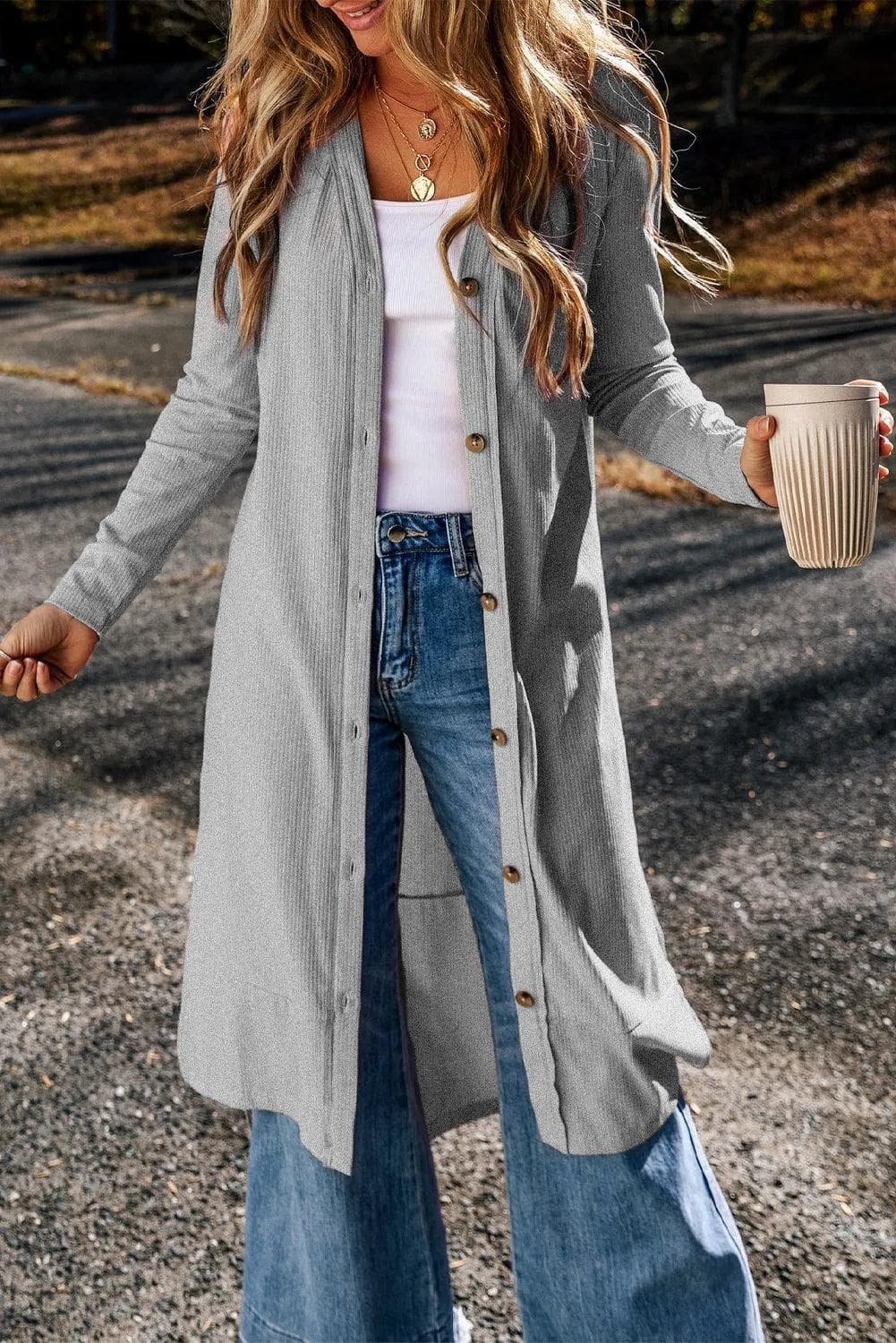 Tops/Sweaters & Cardigans Gray Ribbed Button-Up Split Duster Cardigan