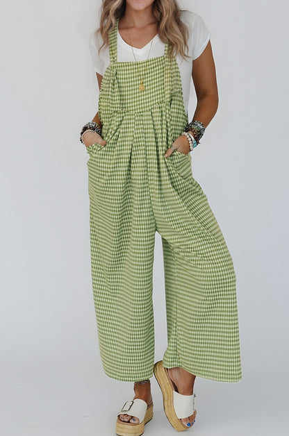 Green Gingham Wide Leg Loose Overall with Pockets