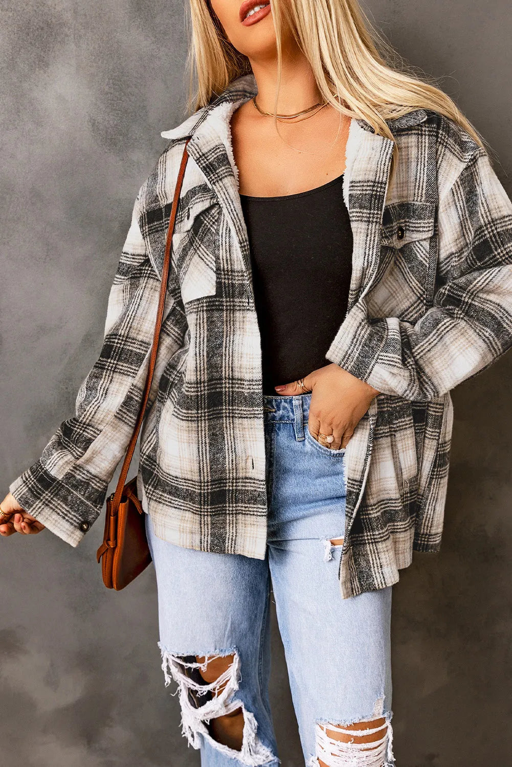 Black Vintage Plaid Fleece Lining Jacket - Chic Meadow Boutique 