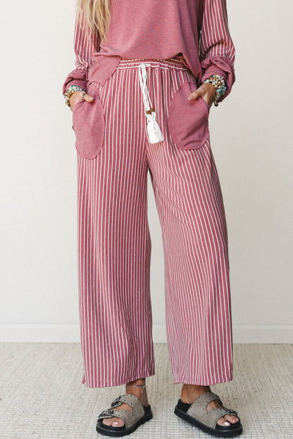 Fushia Raw Seam Patchwork Long Sleeve Top Pocket Casual Pants 2pcs Set