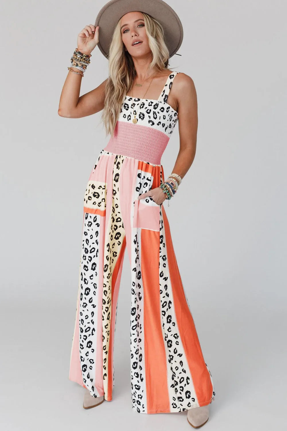 Pink Leopard Color Block Mix Print Pocketed Jumpsuit - Chic Meadow Boutique 