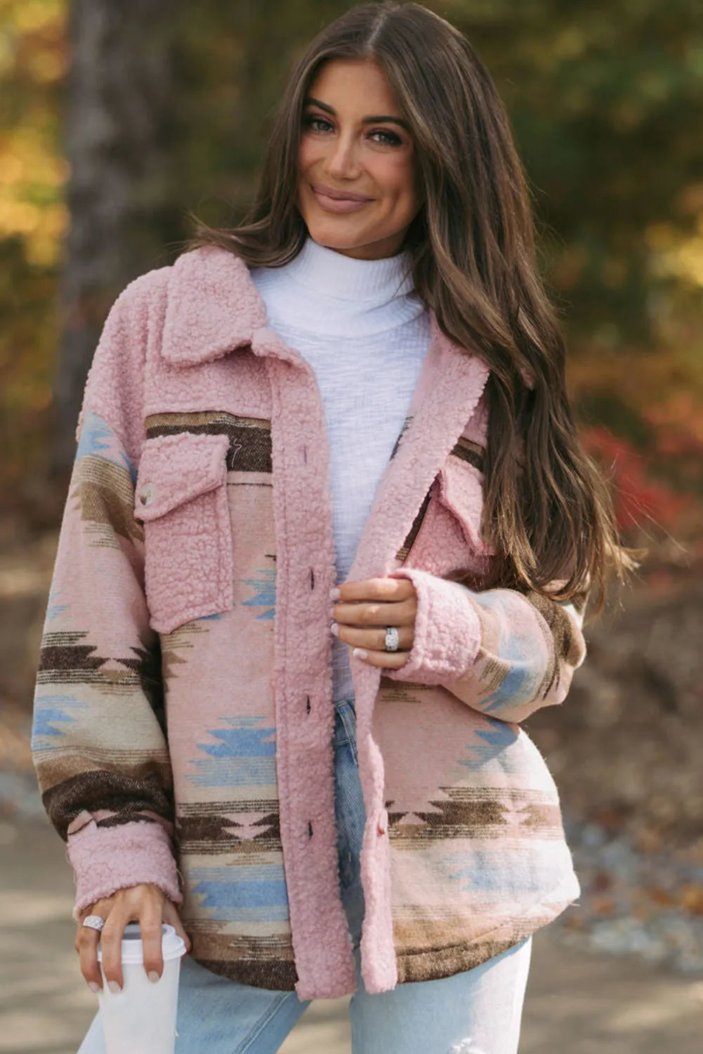 Pink Western Aztec Print Sherpa Splicing Buttoned Flap Pocket Coat - Chic Meadow Boutique 