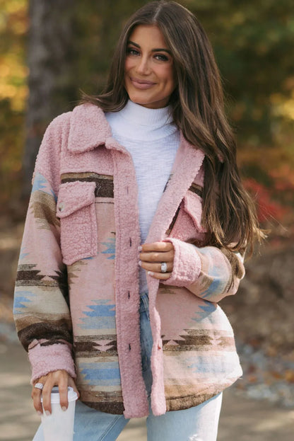 Pink Western Aztec Print Sherpa Splicing Buttoned Flap Pocket Coat - Chic Meadow Boutique 