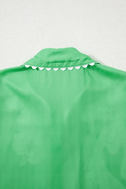 Green Floral Ric Rac Edge Puff Sleeve Button Up Summer Shirt